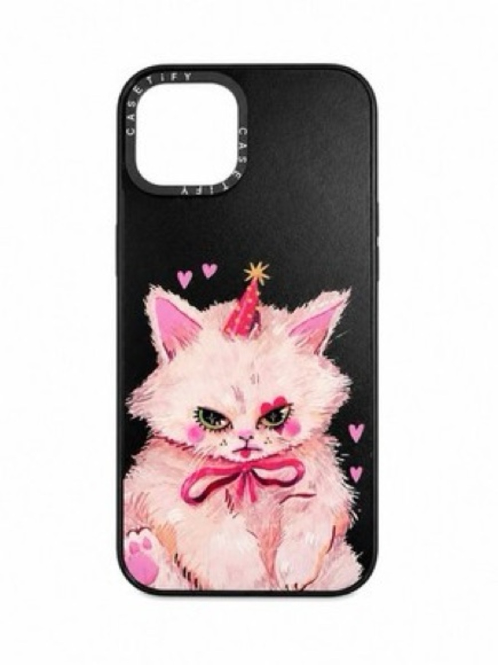 Casetify Black Phone Case with Pink Party Cat Illustration